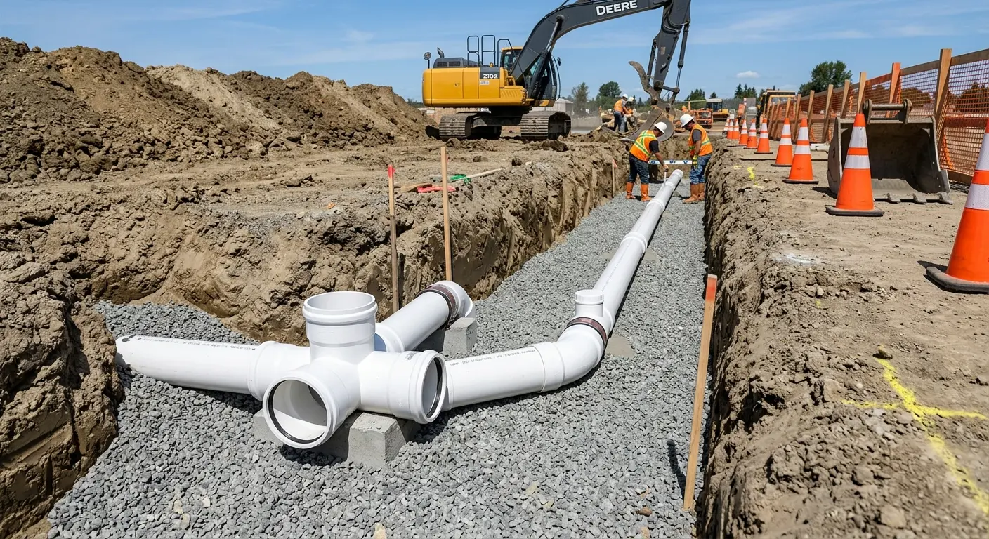 New PVC sewer pipe installation in open trench for Grease Trap Cleaning in New Bern