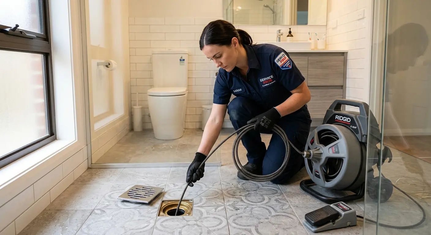 Technician clearing a bathroom floor drain for Hydro Jetting in New Bern